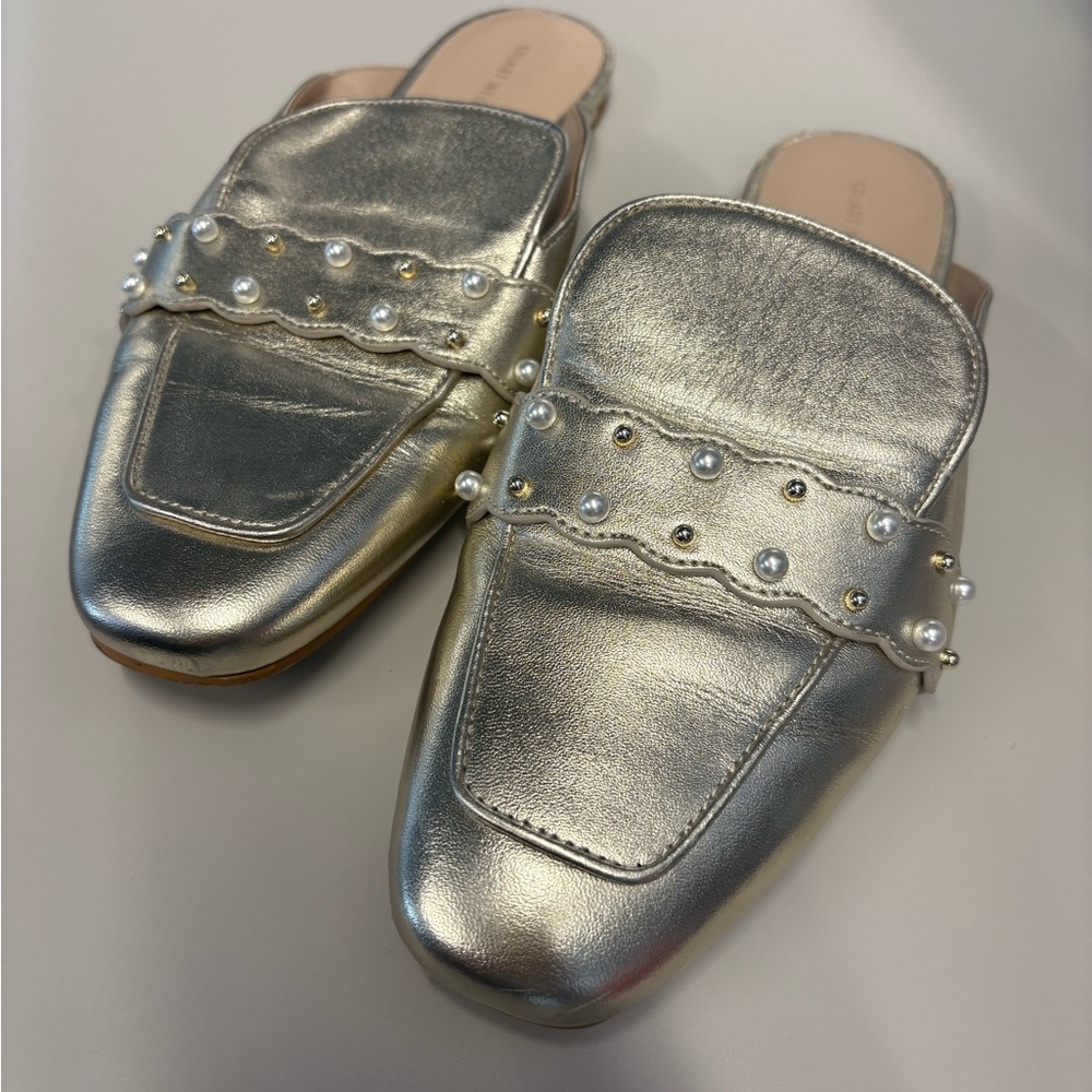 Gold Pearl-Embellished Women's Mules